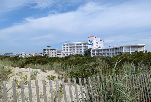 Beachfront hotels seen from the dunes