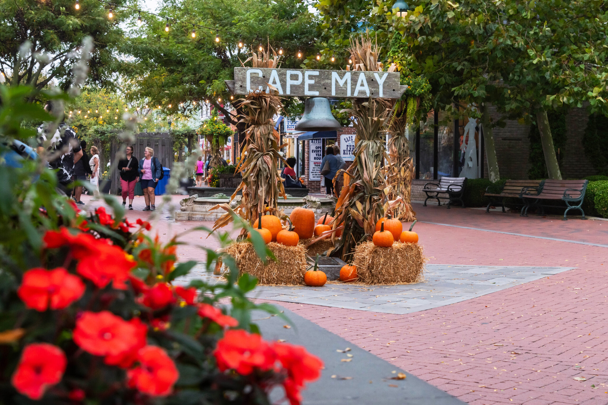 Pumpkins and hay decorated on the Cape May wooden sign with a bell in the Washington Street Mall. People are walking in the background, and red pansy flowers are blurred out in the foreground.