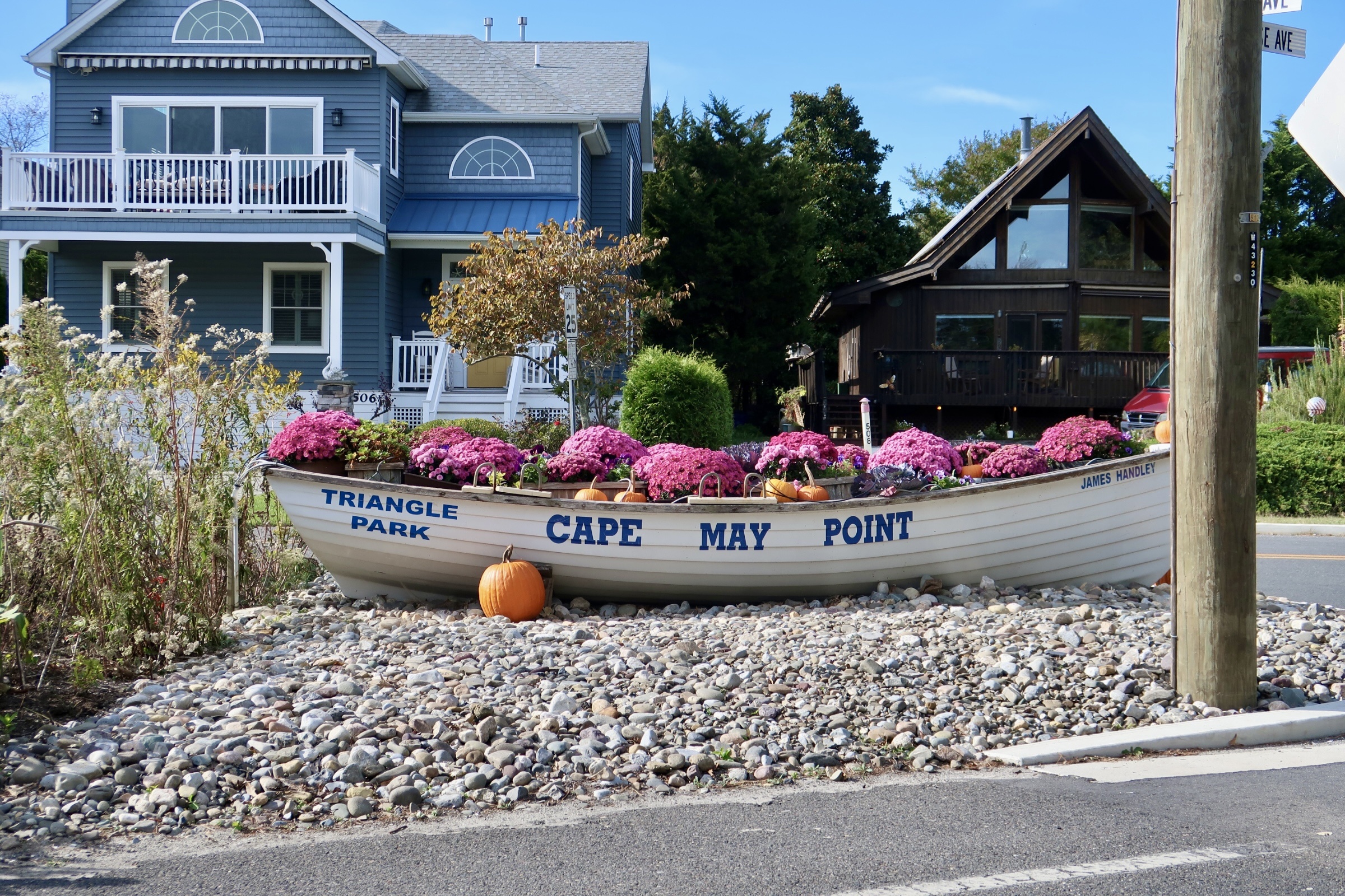 Cape May Point life boat filled with pumpkins and flowers