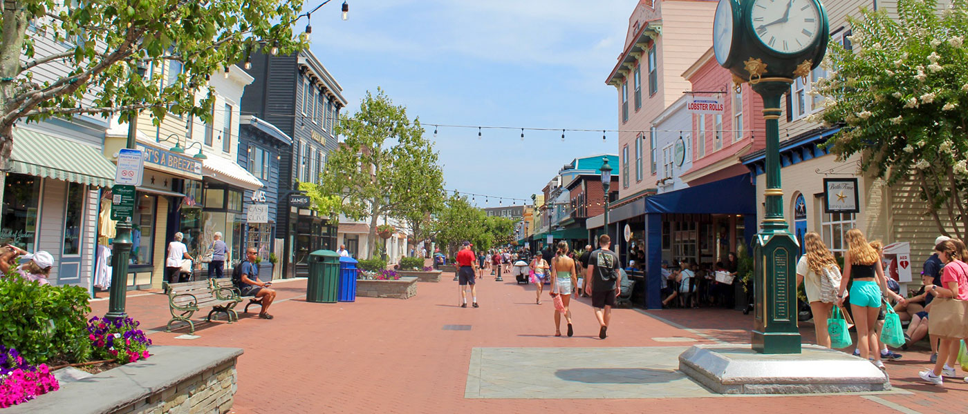 People strolling the Washington Street Mall on a sunny day